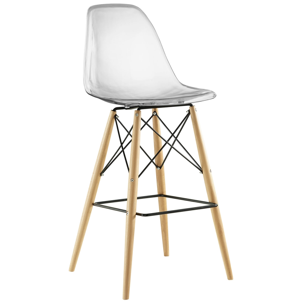Ceremony Wood Clear Molded Plastic Barstool Eames DSW Style Mid Century Modern 1