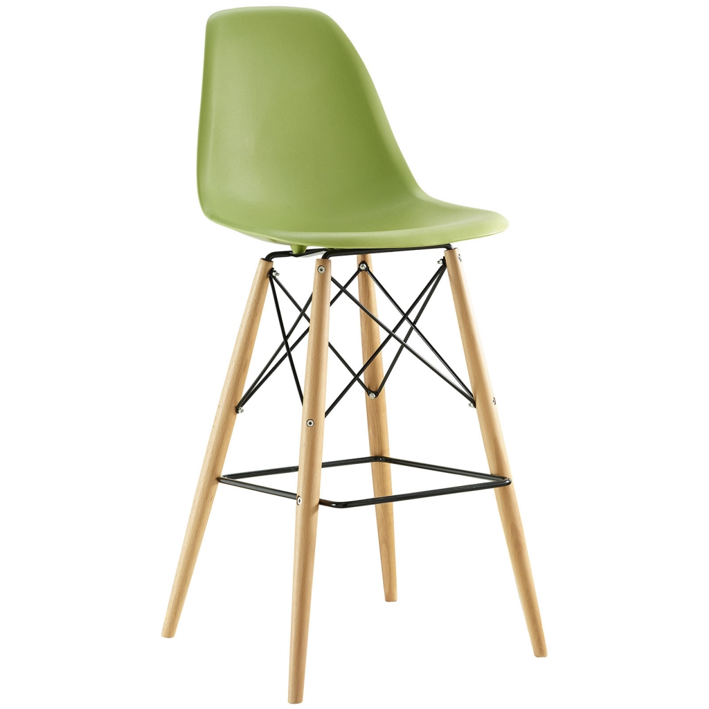 Green Molded Plastic Barstool Eames DSW Style Mid Century Modern Ceremony Wood 1