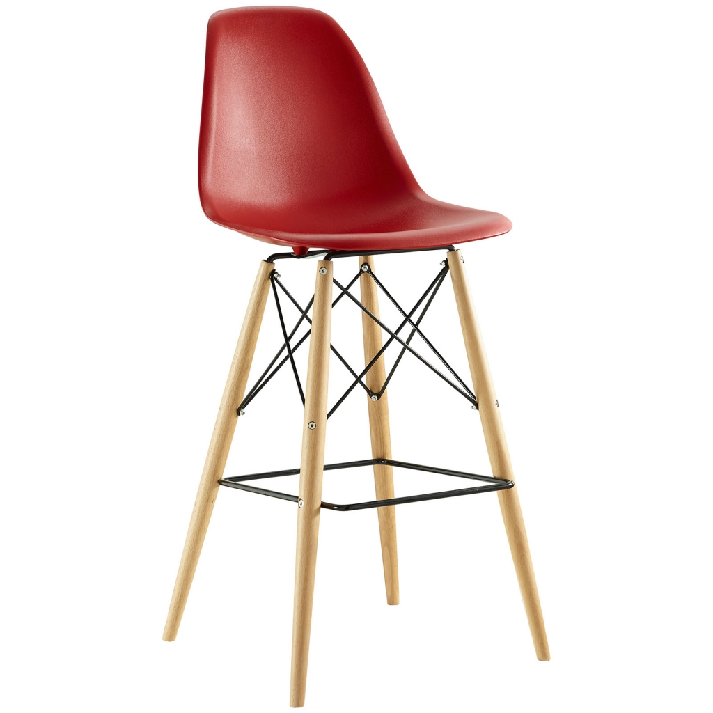 Red Molded Plastic Barstool Eames DSW Style Mid Century Modern Ceremony Wood 