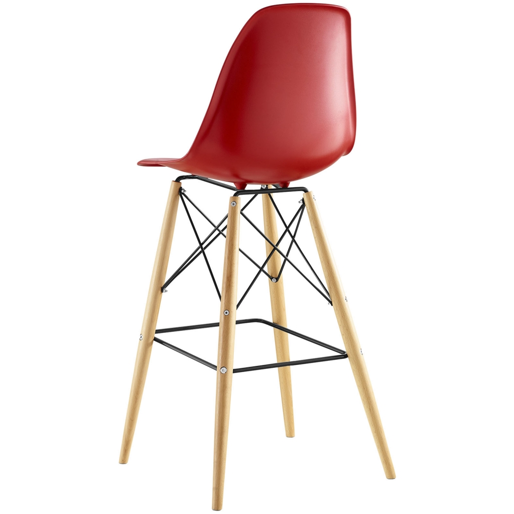 Red Molded Plastic Barstool Eames DSW Style Mid Century Modern Ceremony Wood 3